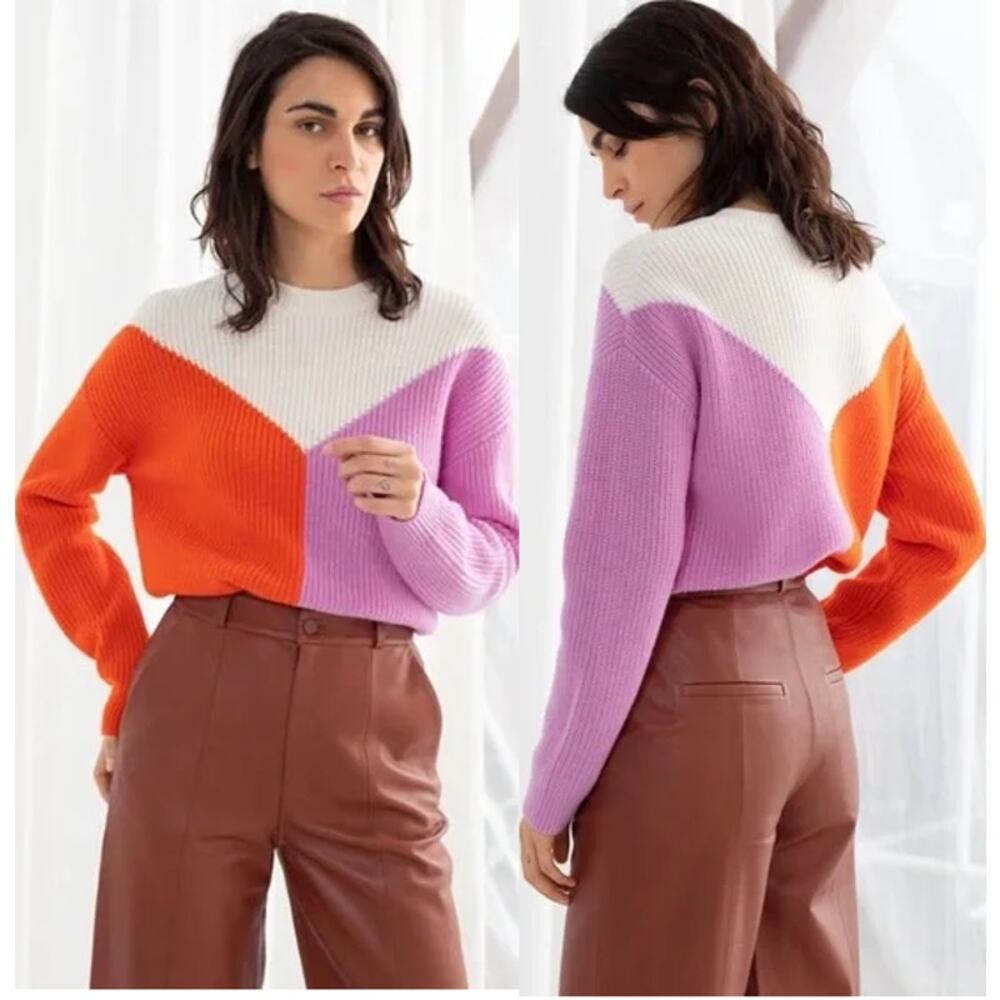 Colorblock Crewneck Sweater - White, Orange & Lavender